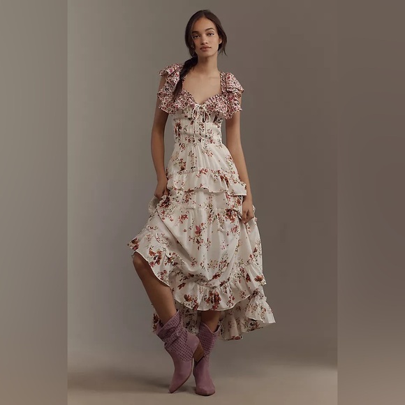 Anthropologie Maeve Ruffle-Sleeve V-Neck Lace-Up Midi Dress Anthropologie Maeve Ruffle-Sleeve V-Neck Lace-Up Midi Dress